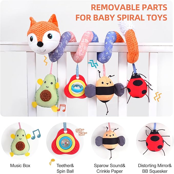 Koty Car Seat Toys, Infant Baby Spiral Plush Activity Hanging Toy for Stroller Bar Pram Crib with Music Box BB Squeaker & Rattles(Orange Fox)