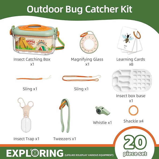 Bug Catcher for Kids Explorer Bug Catching Kit,Magnifying Glass, Tweezers, Whistle & Compass, Learning Guide, Insect Habitat, Outdoor Toys(3 Year +) (Kids Bug Catcher Set)