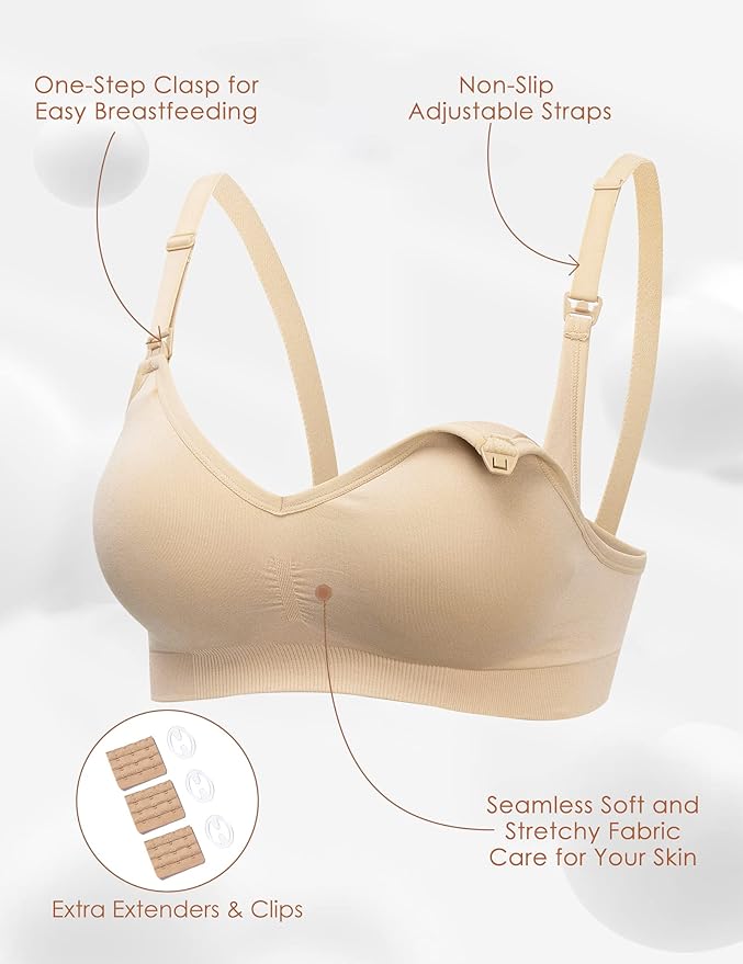 HOFISH Maternity Nursing Bras for Breastfeeding, 3 Pack Pregnancy Deep V Neck Wireless Bra with Extenders & Clips