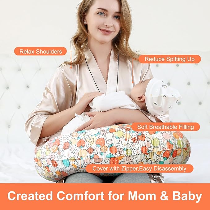 Nursing Pillow, Ergonomic Support Breastfeeding Pillow for Easier Breast Feeding and Bottle Feeding, Baby Feeding Pillow with Machine Washable Cotton Cover (Fruit)