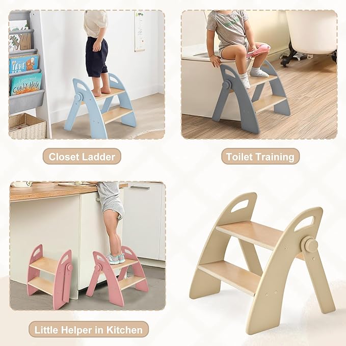 Wooden 2 Step Stool for Kids Bathroom Sink Foldable Anti-Slip 2-Step for Toilet Potty Training, Child Stepping Stool for Kitchen Nursery Bedroom, Sturdy Non Slip Adult Stool for Closet