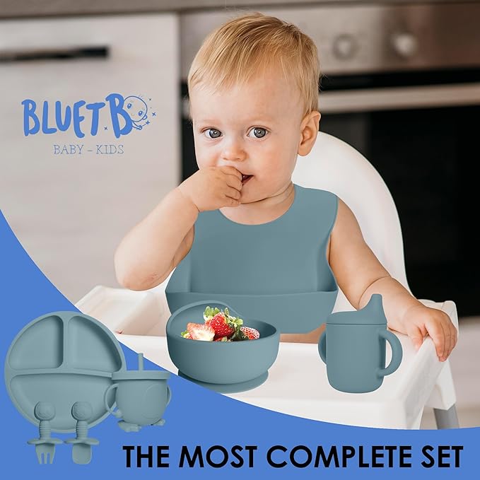 Bluet B- Silicone Baby Feeding Set with Pacifier - Baby Led Weaning Supplies - Baby Spoons, Suction Bowl - Plate - Baby Utensils Set - Silicone Feeding Set for Baby First Foods - 11pcs - Blue