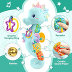 Baby Toys 0 to 12 Months, Musical Stuffed Animal Activity Soft Toys with Multi-Sensory Crinkle, Rattle and Textures, Infant Tummy Time Toys for Newborn Boys, Seahorse, Blue