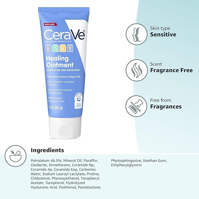 CeraVe Diaper Rash Cream, Baby Healing Ointment for Extra Dry, Cracked Skin, Diaper Cream with Ceramides & Vitamin E, Lanolin, Fragrance, Paraben, Dye, Phthalates & Sulfate Free, 3 Ounce