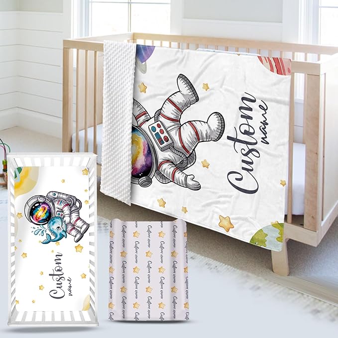 Personalized Baby Crib Bedding Set – Fun Space Theme Nursery Bedding Sets 3 Piece with Custom Name Blanket, Fitted Crib Sheet & Changing Pad Cover – Ideal Newborn Gift for Boys Girls