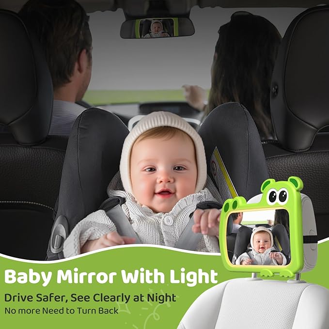 2-in-1 Baby Car Mirror with Lights & Soft Sounds, Cry Detector, Clear Night View, 360° Rotation, Shatterproof, Rear Facing Baby Car Seat Mirror with Remote Control, Perfect Baby Shower Gifts (Green)