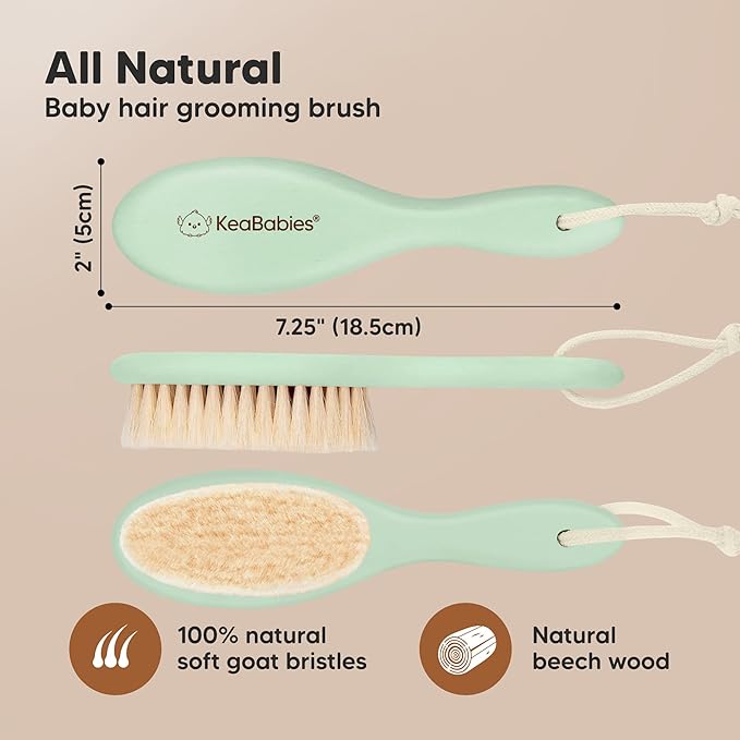 Wooden Baby Hair Brush - Cradle Cap Baby Brush with Soft Goat Bristles, Perfect Gentle Scalp Newborn Comb for Infant, Girls, Boys, Bath Essentials (Sage, Oval)