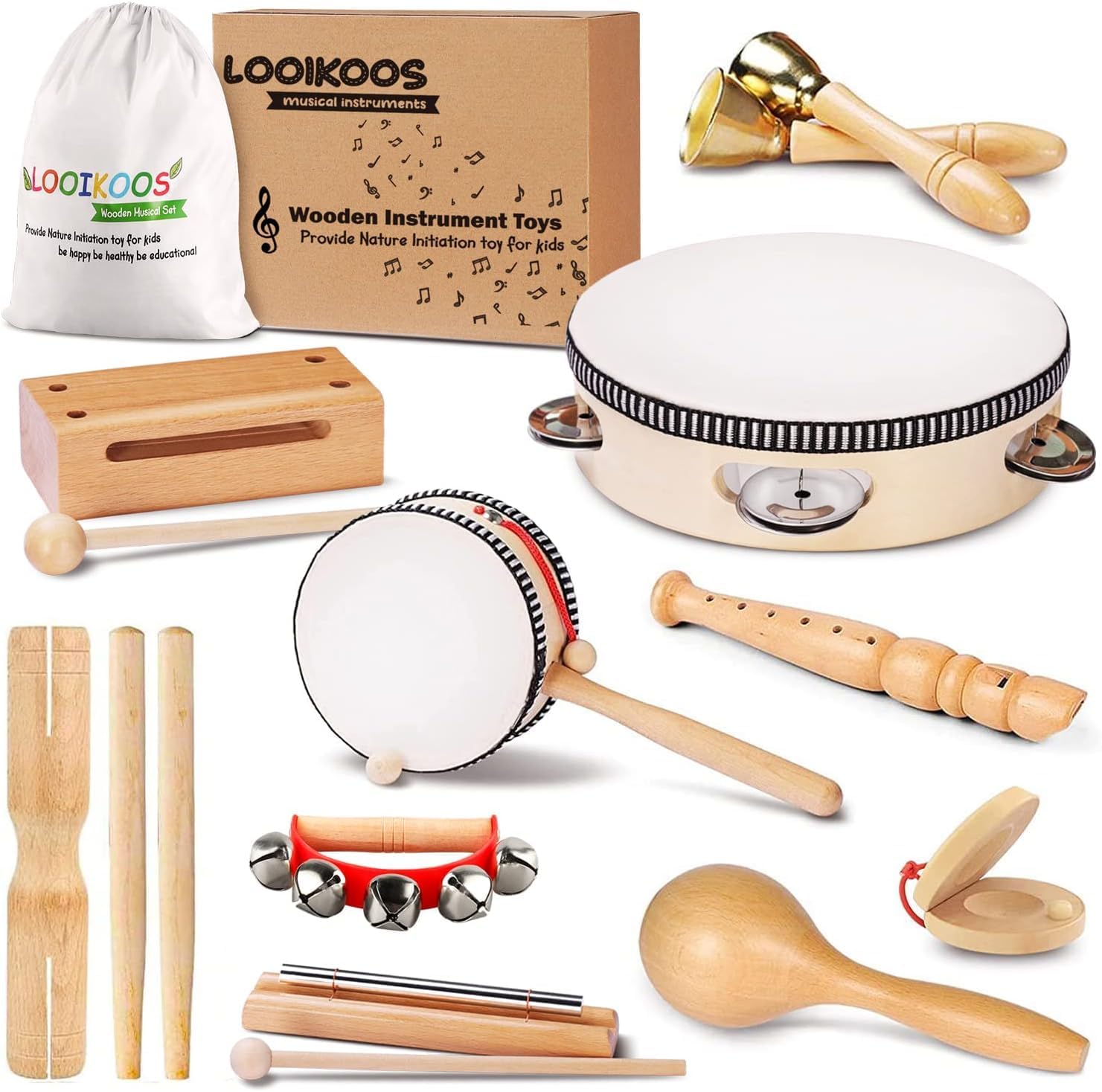 LOOIKOOS Toddler Musical Instruments, Eco Friendly Music Set for Kids Preschool Educational, Natural Wooden Percussion Instruments Musical Toys for Boys and Girls with Storage Bag
