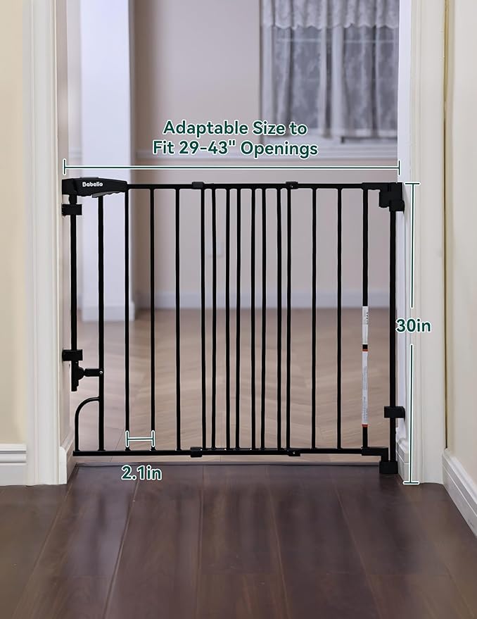 Babelio Easy to Remove & No Bottom Bar Baby Gate, 29-43" Hardware Mounted (Drill Needed)| Wide Walk-Thru| Auto-Close Safety Dog/Pet Gate for Stairs & Doorways (Black, 29-43" W, 30" H)