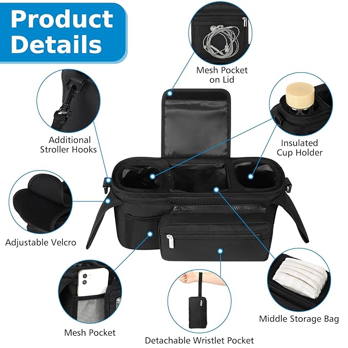 Accmor Universal Stroller Organizer with Insulated Cup Holder Detachable Phone Bag and Shoulder Strap,Stroller Bag Caddy Organizer Fits for Uppababy, Baby Jogger, Britax Strollers