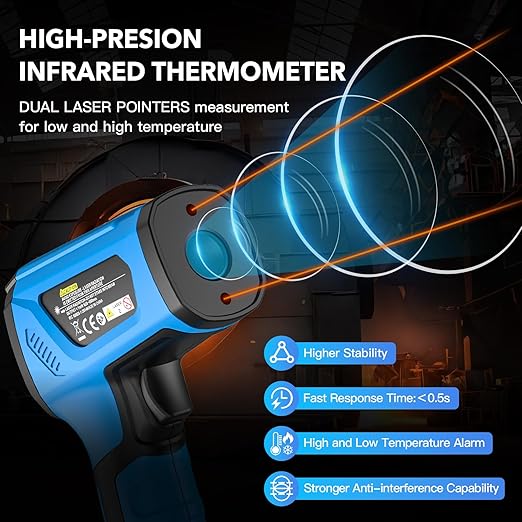 Infrared Thermometer Temperature Gun, -40℉ to 2192℉ Dual Laser High Temp Thermometer with LCD Color Display, Non-Contact Industrial Pyrometer 50:1 Distance Ratio, Adjustable Emissivity