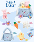 7 Piece Plush Stuffed Animals Playset Toys with Rabbit, Chick, Lamb, Carrot, Egg, Flower, Furry Bag, Soft Basket Set Toys for Girls Kids Ages 3+, Birthday Christmas Valentines Easter Party Favors