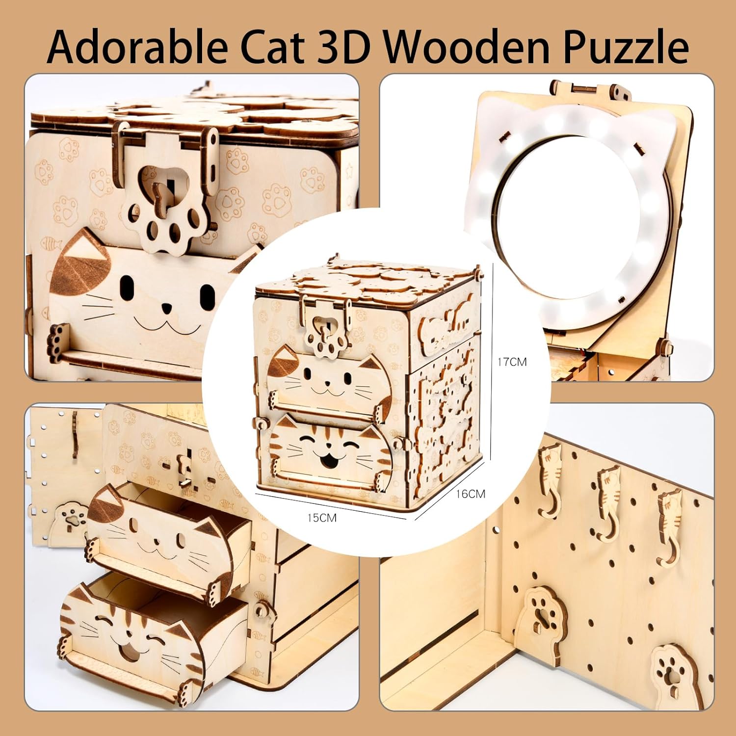 3D Wooden Puzzles for Adults: DIY Jewelry Box with Mirror, Cat Model Craft Kit, Creative Gift for Women Men Birthday Christmas Home Decor and Storage