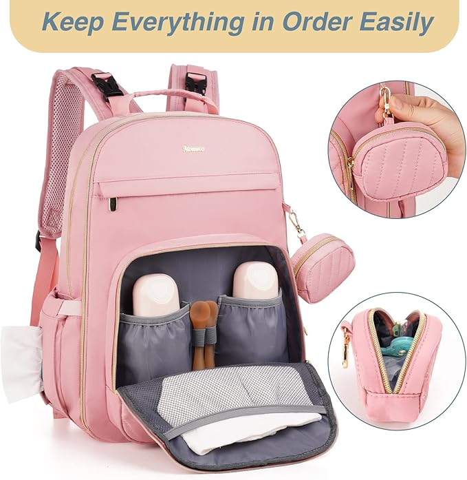 MOMUVO Diaper Bag Backpack, Quilted Baby Bag with Changing Pad & Stroller Straps & Pacifier Case, Large Travel Diaper Bags for Mom Dad, Pink