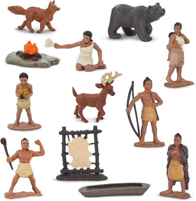 Safari Ltd. Powhatan Indians TOOB - 12 Figurines: Camp Fire, Canoe, Deer Hide, Warriors, Pocahontas, Chief Whunsoncock, & More - Educational Toy Figures For Boys, Girls & Kids Ages 3+