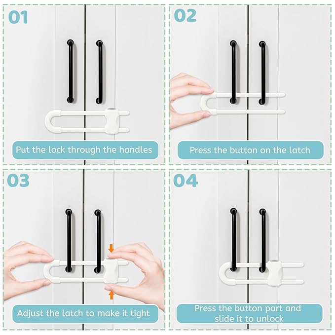 Baby Proofing Cabinets, Sliding Cabinet Locks for Babies, Adjustable U Shaped Baby Safety Locks, Childproof Cabinet Latch for Kitchen, Bathroom, Drawer, Cupboard Doors Knobs & Handles (2Pack White)