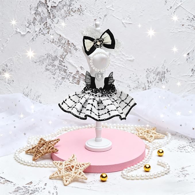 ‌Elegant White-and-Black Dress for 15cm/17cm Dolls - Strap Gown with Heart Pearl Necklace & Bow Headband/Fashion Doll Clothes Set, Accessories for Girl Doll/Perfect for Collectors, Gifts