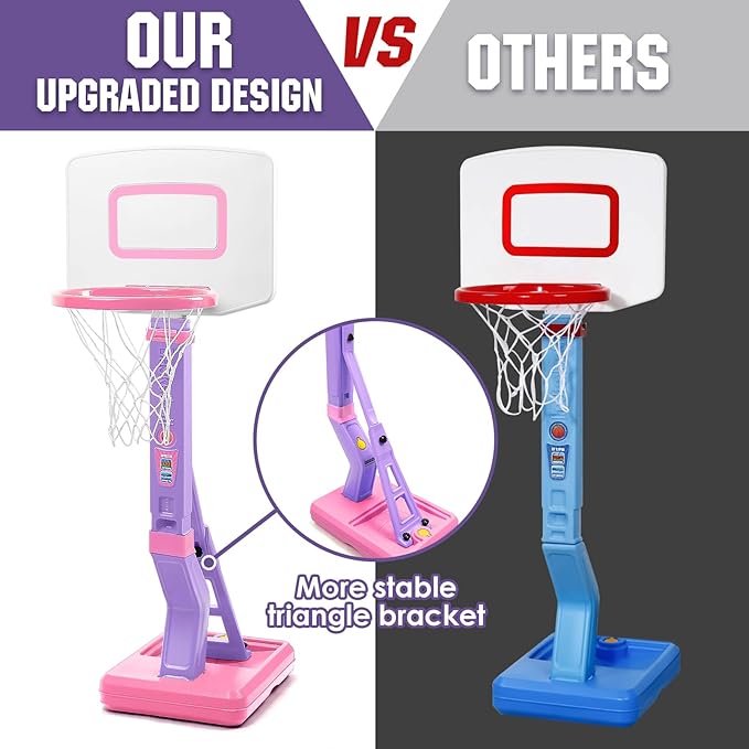 Super Joy Toddler Girl Basketball Hoop - Adjustable Kids Ball Hoop Set for Indoor - Portable Pink Mini Basketball Goal Outdoor Outside Pool Sport Toys Gifts for Baby Boys Age 1-3 2-4 3-5