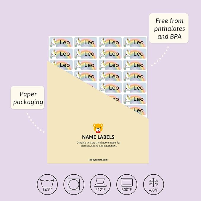 Personalized Name Labels for Kids (60) – Custom Waterproof & Durable Stickers for Clothing, Daycare, Office & School Supplies - Unicorns