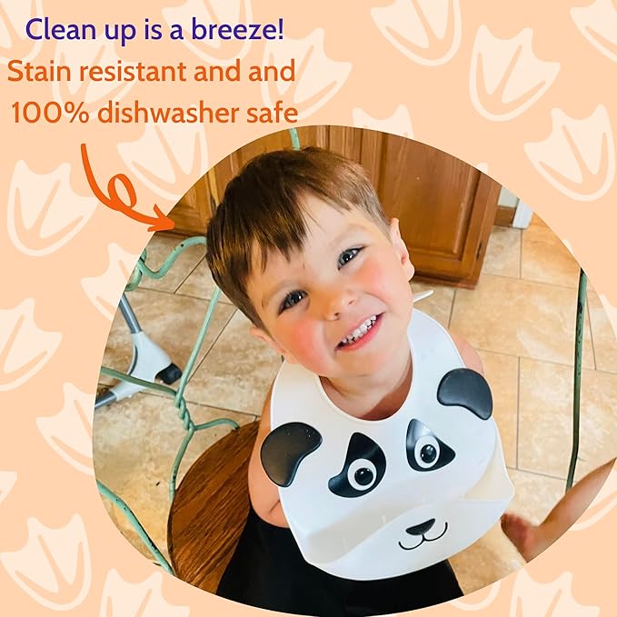 Silly Goose Silicone Animal Baby Bibs for Babies and Toddlers, Waterproof, Adjustable, Soft, Extra Wide Food Catcher Pocket (Baby Panda)