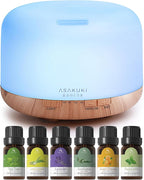 ASAKUKI Oil Diffuser with Essential Oils Set, 500ml Aromatherapy Humidifier with 14 LED Colors & Auto Shut-Off - 6 Oil Gift Pack(Lavender Eucalyptus Tea Tree Orange Peppermint Lemongrass)
