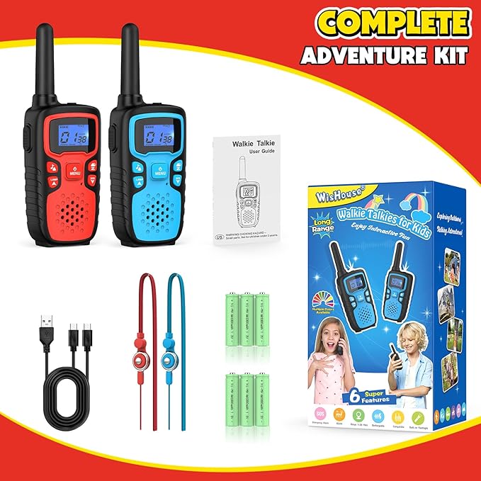 Wishouse Walkie Talkies for Kids Rechargeable Long Range,Xmas Birthday Gift for 4 5 6 7 8 9 Year Old Boys Girls,Hiking Gear Camping Games Cool Toys with NOAA,SOS Siren,Lamp,Lanyards,Easy to Use,2 Pack