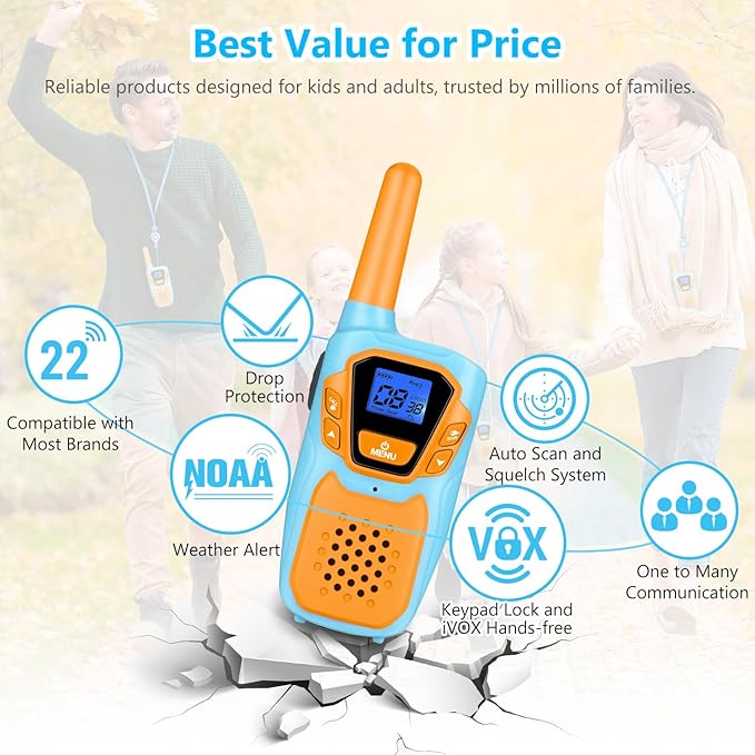 Walkie Talkies for Kids Rechargeable Walkie-Talkie for Adults Long Range FRS 2 Way Radio 3 Pack with Lanyard Battery 4 Miles NOAA USB, Family Toys for 3-12 Year Old Girls Boys Toddlers Camping