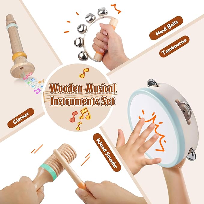 Musical Instruments Wooden for Kids 1-5 Year, Percussion Instruments Music Toy Set with Tambourine, Handbells, Clarinet, Sounder for Toddlers, Montessori Educational Toys for Baby (Natural Color)