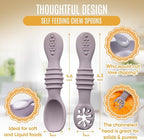 4pc Silicone Baby Spoons Self Feeding Baby Utensils 6-12 Months - 3 Baby Spoon - 1 Baby Fork - Toddler Cutlery Set - BPA Free, Dishwasher Safe, Baby Eating Essentials (Light pink/Army Green)