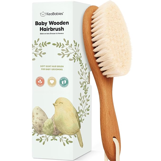Wooden Baby Hair Brush - Cradle Cap Baby Brush with Soft Goat Bristles, Perfect Gentle Scalp Newborn Comb for Infant, Girls, Boys, Bath Essentials (Golden Oak, Oval)