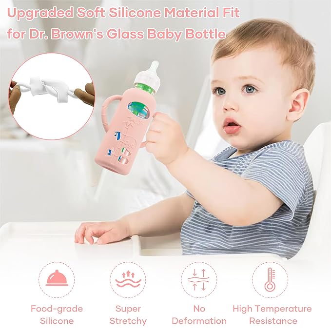 2 Pack Silicone Sleeves for Dr. Brown's Glass Baby Bottles, Anti Breakage Durable Baby Bottle Holder with Easy Grip Handles, Narrow Sleeve with a Cutout, Dishwasher/Freezer/Microwave Safe, 8 oz