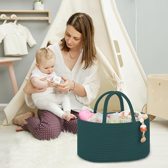 COMSE Large Baby Diaper Caddy Organizer for Girl Boy, Car Caddy with Handles, Cotton Rope Basket for Changing Table, Nursery Organizer, Gift for Baby Shower and Registry Must Have, Dark Green