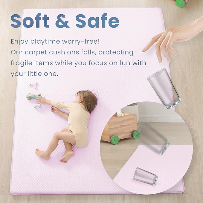 Baby Play Mat for Summer, 1.3 Thick Extra Large Memory Foam Cooling Floor Tummy Time Mat, Soft & Breathable, Non-Slip Rectangular for Toddlers’ Playtime & Rest(Pink,79"x118")