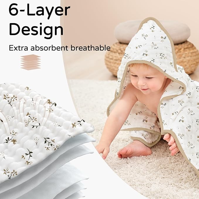 Yoofoss Hooded Baby Towels for Newborn 2 Pack 100% Muslin Organic Cotton Baby Bath Towel with Hood for Babies, Infant, Toddler and Kids, 32x32Inch, Soft and Absorbent Newborn Essential, Beige Floral