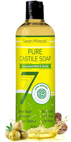 Pure Castile Soap - No Palm Oil, GMO-Free - Gentle Liquid Soap For Sensitive Skin & Baby Wash - All Natural Vegan Formula with Organic Carrier Oils (8 Fl Oz, An Unscented)