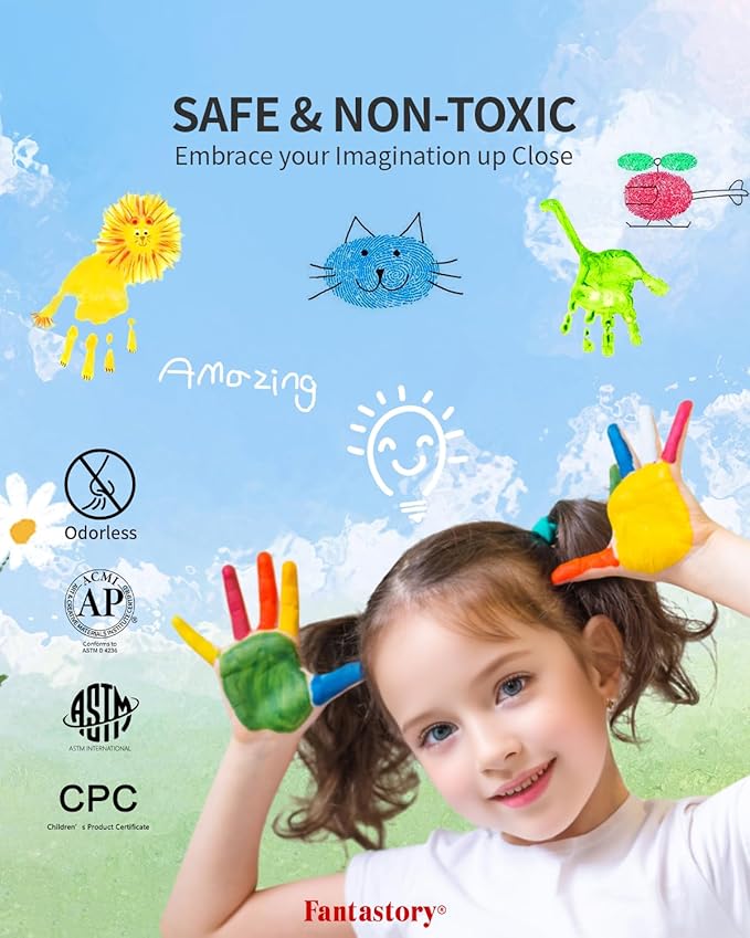 fantastory Tempera Paint for Kids 32 Colors (2 oz Each) Washable Tempera Paint, Kids Poster Paint Sponge Painting, Non-Toxic Kids Paint Finger Paints Hand Paints Bottles Early Learning