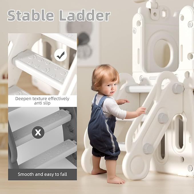 8 in 1 Toddler Slide Set, Kids Slide for Toddlers Age 1-3, Toddler Climber Slide PlaySet with Basketball Hoop,Outdoor Indoor Playground for Toddlers 1-3, White Gray