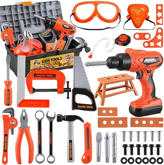 Kids Tool Set – Zealous 48 pcs Toddler Tool Set with Tool Box & Electronic Toy Drill, Pretend Play Kids Toys, Toy Construction Tools for Kids Ages 3,4,5,6,7,8 Years Old (A-Orange)