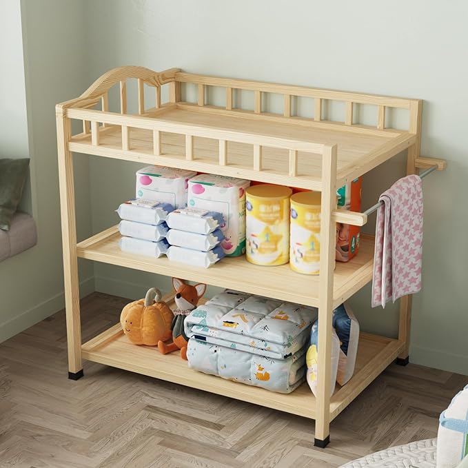 Infant Changing Table in Natural, Solid Wood Structure with Weight Capacity Up to 30LBS, Portable Changing Station for Baby Nursery, New Zealand Pinewood