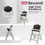 Abiie Beyond Junior Wooden High Chair with Tray - Adjustable and Convertible High Chair for Babies and Toddlers - 6 Months to 250 Lb - Water Resistant - Misty Grey Wood/Black Pearl Cushion