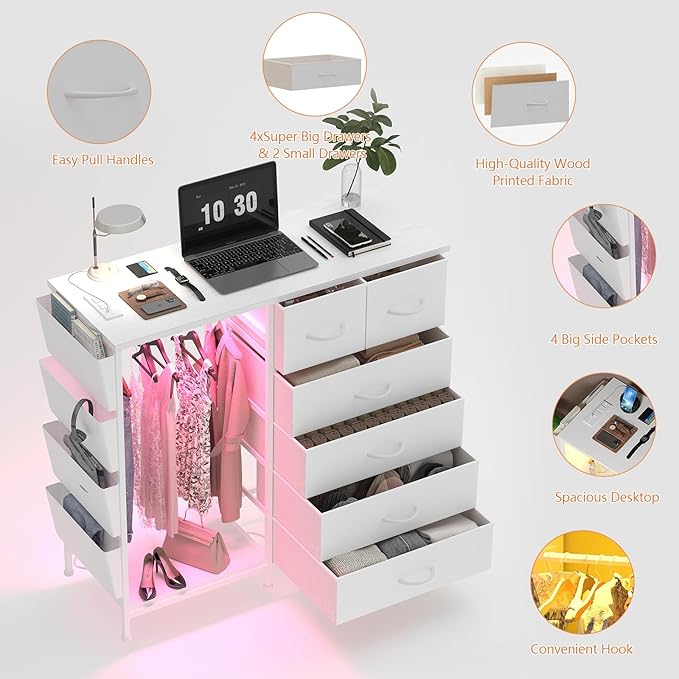 6 Drawer Dresser for Bedroom with Clothes Rack, Clothes Dresser with Side Pockets and Hooks, Charging Station & LED Lights, Wooden Top, Fabric Storage (White)