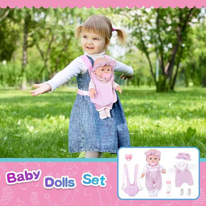 12'' Baby Doll Playset with Clothes and Dolls Carrier Accessories Included Baby Carrier, Bottles, Nipple, Socks, Headbands