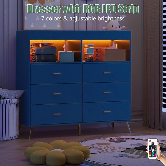 Changing Table Dresser with Drawers, Baby Dresser with Changing Table Top, Power Outlet, LED Light & Metal Feet, Diaper Changing Station Nursery Organizer for Infants Newborn (Blue)