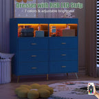 Dresser for Bedroom with LED Lights and Power Outlet, Baby Changing Table Dresser with 6 Drawers, 2 Open Storage Shelves, Baby Diaper Station with Changing Table Top (Blue)