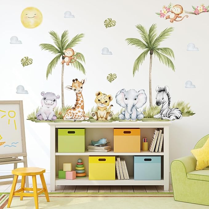 56.29 x 44.88 Inch Watercolor Animal Wall Decals - Jungle Stickers With Tiger, Elephant, Zebra, Giraffe, Monkey, Hippo for Baby Nursery, Bedroom, Classroom, Kindergarten Decor