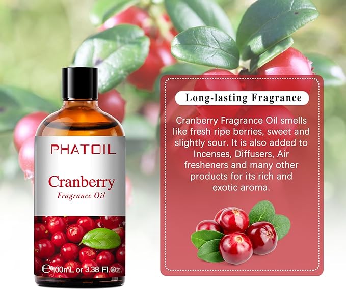 PHATOIL 3.38FL.OZ Cranberry Fragrance Oils for Aromatherapy, Essential Oils for Diffusers for Home, Perfect for Diffuser, Yoga, Skin Care, DIY Candle and Soap Making - 100ml