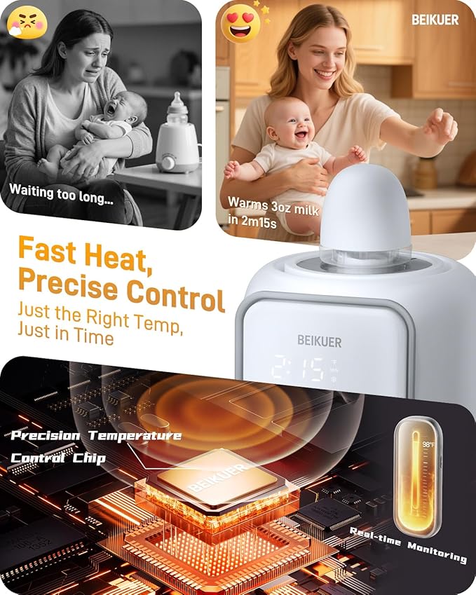 12-in-1 Baby Bottle Warmer for Breastmilk, 98°F 2m Fast Heating Milk Warmers, 24H Locks Nutrients with 360° Swirlable Heat, Precise Even Warming & Temperature Control, Fits All Bottles, Bags, Jars