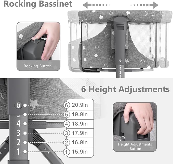 3 in 1 Baby Bassinet, Rocking Bassinet Bedside Sleeper with Comfy Mattress and Breathable Mesh, 6 Height Adjustable & Upgraded Wheels Portable Bedside Crib for Newborn