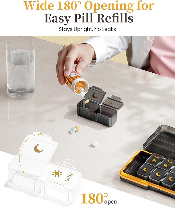 Zoksi Am Pm Pill Organizer 7 Day, Weekly Pill Box 2 Times a Day, Medicine Pill Organizer with Separate Compartment, Travel Pill Case Dispenser Portable for Vitamins, Fish Oils, Medicines(Black)