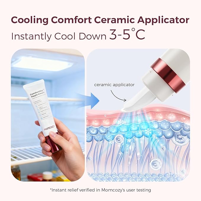 Momcozy ComfortNip™ Cooling Comfort & Touch Free Nipple Cream, Nipple Cream for Breastfeeding, Instant Relief, Plant-Based Formula, Newborn Essentials with Cooling Ceramic Applicator, 1.76oz